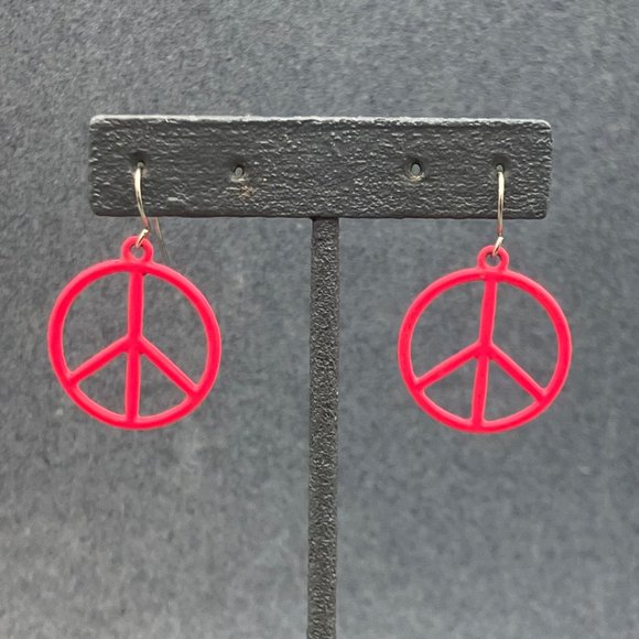 Jewelry - Dangle Pierced Earrings As Is Peace Symbol Sign Neon Pink Enamel Retro Hippie